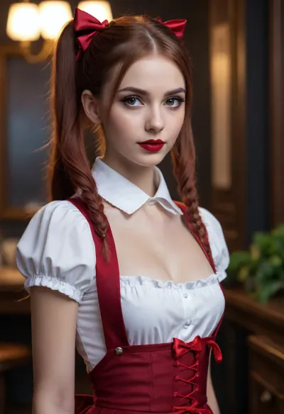 Close up Raw photo, 8k uhd, high quality, high resolution, ultra-detailed, professional photography, photorealism, realistic, beautiful sexy skinny tall supermodel girl, maid look, beautiful face, long pigtails hairstyle with red bows, dark red hair, seductive face, makeup, dark lipstick, full body visible, complete body showing bmbplora