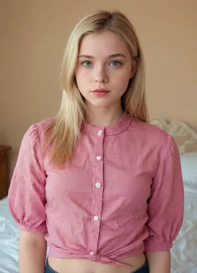Full body shot, 18-year-old girl, ((Fair Skin)), long straight blonde hair, androgynous body, small pointed boobs, perky breasts, puffy nipples, puffy areaolas, pale nipples, veins slightly visible through skin, narrow hips, soft body, stocky, slightly thick, innocent face, big blue eyes, button nose, thick lips, chubby cheeks, short skirt, pink shirt