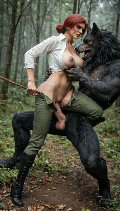 In a foggy forest, side view, full body view of female, (Triss Marigold from Witcher 3), (wearing unbuttoned white shirt, (green crotchless Pants), pussy visible, high leather boots), a werewolf try fucking her from behind, slim body, big flashing breasts, detailed bottom, fight, ((a werewolf cock sticks out between her legs)), massive cock visible, looking at wiver, (((dick jerking pussy))), (the werewolf holding Tris by the thighs lifts her up, legs spread wide), ((no penetration))