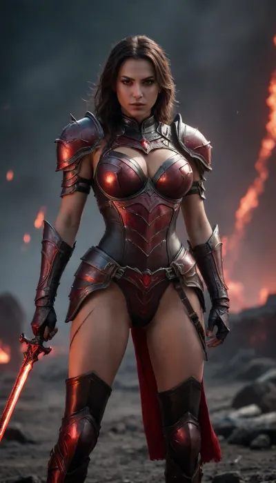 fullcolor image, 8K quality, dark night, blood moon, red flash, a beautiful sexy woman, red glowing eyes, large breasts, athletic body, a dark warrior in sexy hell armor, stands on the battlefield among the dead enemys, full body in frame, side viev