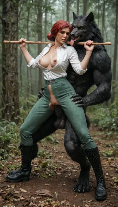 In a foggy forest, side view, full body view of female, (Triss Marigold from Witcher 3), (wearing unbuttoned white shirt, (green crotchless Pants), pussy visible, high leather boots), a werewolf try fucking her from behind, slim body, big flashing breasts, detailed bottom, fight, ((a werewolf cock sticks out between her legs)), (erect massive cock visible), looking at wiver, (((pussy jerking cock))), (the werewolf holding Tris by the thighs lifts her up, legs spread wide), ((no penetration))