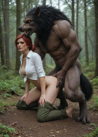 sex vaginal, In a foggy forest, side view, full body view of female, (Triss Marigold from Witcher 3), wearing unbuttoned white shirt, green crotchless Pants, a werewolf is fucking her in doggy style position, on tiptoe, one knee raised, slim body, blushing, big flashing breasts, very sweaty, huge creampie, detailed bottom, massive werewolf cock in pussy