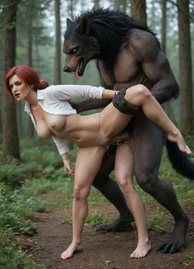 sex vaginal, In a foggy forest, side view, full body view of female, (Triss Marigold from Witcher 3), wearing unbuttoned white shirt, green crotchless Pants, a werewolf is fucking her in doggy style position, on tiptoe, one knee raised, slim body, blushing, big flashing breasts, very sweaty, huge creampie, detailed bottom, massive werewolf cock in pussy, the werewolf holds Triss's arms twisted behind her back, the werewolf holds Triss's by her hair