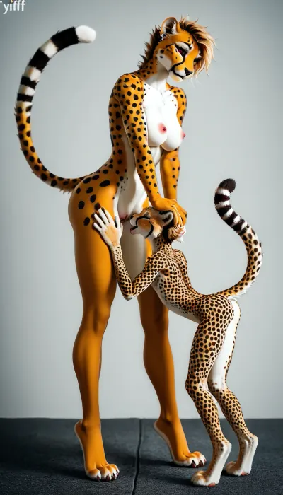 (yiff anthro furry cheetah:2), (anthro cheetah girls:1), sexy thin body, tall, (1 older and 1 younger:2.1), (long legs:1.4), built for speed, marathon runner build, side view, full body shot, (cat paws), on her toes, thick toned thighs, (huge bubble butt:1), (big soft boobs), (very wide hips:1.3), (tiny waist, tiny torso), nude anthro cheetah body, (2 lesbian cheetah girls), (extremely horny girls), licking her pussy, (standing cunnilingus)