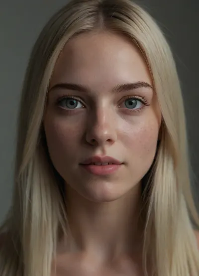 (masterpiece, best quality, photorealistic, ultra-detailed, highres, soft lighting), 1girl, 18 y.o., Finnish, slightly elongated face with soft features, thin straight eyebrows, round light grey eyes with thin eyelashes, small upturned nose, thin lips with soft contour, prominent cheekbones, soft chin, pale porcelain skin, no freckles, straight white teeth, centered face, symmetrical, direct gaze, long straight platinum blonde hair framing face, neutral expression, in a softly blurred gradient background, <lora:add-detail-xl:2>