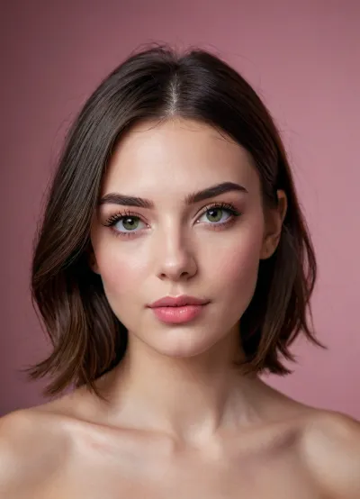 (masterpiece, best quality, photorealistic, ultra-detailed, highres, soft lighting), 1girl, 18 y.o., Romanian, heart-shaped face with sharp features, thin high eyebrows, large green eyes with long eyelashes, small upturned nose, very plump glossy lips with pink hue, prominent cheekbones, soft round chin, pale skin with light blush, few faint freckles on cheeks, straight white teeth, bold makeup with winged eyeliner and glossy lipstick, centered face, symmetrical, sultry parted lips, shoulder-length wavy dark brown hair framing face, in a softly blurred gradient background, <lora:add-detail-xl:2>