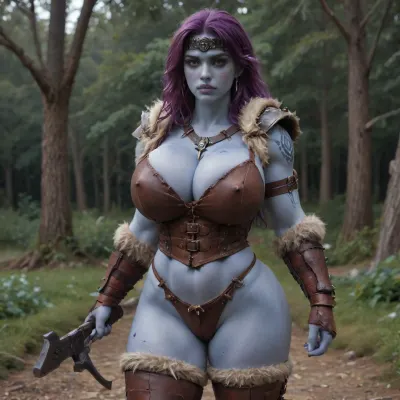 female drow elf barbarian, baldur's gate, dnd, bg3, tall, angry, busty, curvy, huge natural boobs, cleavage, big butt, fit, strong, fur pelt armor, dungeons and dragons, purplish blue skin, black and purple hair, Dark, Elf, Warrior, <lora:Dark_Elf_Warrior:.8>, tattooed, scarred, purple eyes, blue skin, amazon, giant, fur barbarian armor, bloody, blood spatter, zavy-brbrn, <lora:zavy-brbrn-sdxl:.8>, leather headband, Drow, <lora:Drow:.8>, 1girl, pretty, fierce, massive natural tits, scarred face, scarred body, ripped armor, ripped clothing, muscle_bimbo, <lora:Muscle_Bimbo_SDXL:.8>, large, breasts, big, boobs, huge, tits, <lora:bombshell_v2:.8>, drow, massive tits, massive ass, bimbo