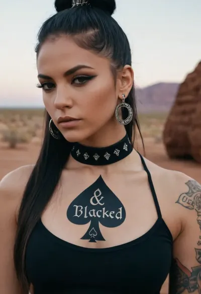 A black top with "‌Blacked" written on it, ((queen of spades:1)), QOS choker, spades tattoo, spades earrings, nipples visible, dark hair, long hair, ponytail