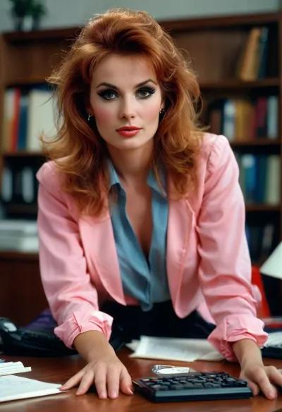 Strong 1980s retro vibe, In an executive office in 1986 a breathtakingly sexy redheaded secretary leans over her boss’s desk with smoldering eyes while displaying magnificent cleavage and a naughty smile as she begins her seduction, angle from above, cleavage, large natural breasts, jacket with shoulder pads, (brightly colored clothes), partially unbuttoned shirt, heavy makeup, (80s bouffant hairdo), beautiful expressive eyes, seduction, retro 1980s hair and makeup and clothes and decor, masterpiece, key visual, incredibly detailed, rank_9, <lora:style_lora_realis:.8>
