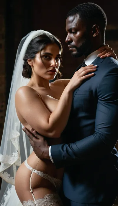 interracial, Curvy Iranian bride in a sheer bridal veil, nude except for lace stockings and garter, her body bent backward in a submissive arch, one arm raised in a vulnerable gesture while her other hand is held tightly by her dominant black skin groom in a sleek black suit. His strong arm encircles her waist, pulling her closer as he leans in, his other hand gripping her jaw with force, his gaze full of command. Her eyes are heavy with a combination of defiance and desire, as her lips slightly part, caught between resistance and submission. The background is minimal and dark, with heavy shadows falling on their intertwined bodies, the cold metal and harsh lighting adding to the visceral tension and raw emotional power of the scene.