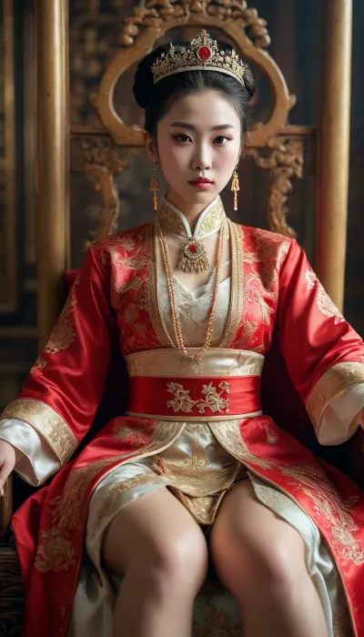 A Chinese princess in national clothes, her hair tied up in a bun, a tiara on her head, surrounded by her vassals, sits on a throne with her pussy exposed, legs wide apart, <lora:Midjourney Image Enhancer XL v1:.8>