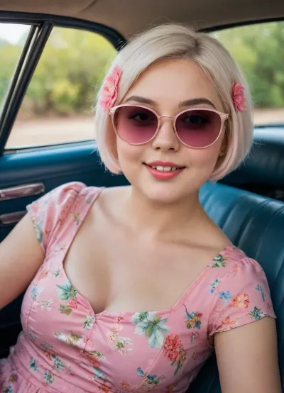 A full-body shot of a cute chubby girl with short white hair, wearing sunglasses with pink glas and a floral dress, sitting in the back seat of an old car from a past era. Cute face with lovely smile. Her hands are resting on her chin. The image has a dollcore aesthetic, with detailed facial features and hyper-realistic photography. The lighting is natural, and the details are intricate, giving the image a cinematic, fashion magazine cover-like quality.