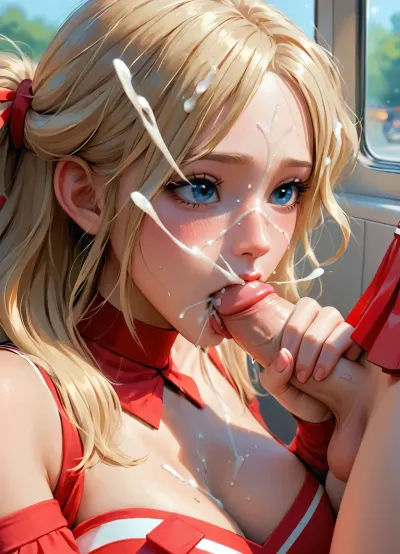 masterpiece, best quality, highly detailed, (anime:1.2), BREAK, (2 girls), (close up focus on girl's face getting facialized:1.6), ((2 gorgeous 25 year old white blonde cheerleaders on a bus)), 1 futanari, no panties, blonde hair, blue eyes, natural b cup tits, perfect nipples, slim, athletic, gymnast body, bus, (red cheerleader skirt), (red cheerleader top pulled up revealing breasts, flashing breasts, boobs out:1.2), pussy, (girl jerking off futa's large erect cock, testicles, handjob, ejaculation, futa shoots cumshots hitting girl's face and hair, facial, cum in mouth, cum in hair:1.3), (girl has a naughty smile as she is aroused by giving the futa a handjob, girl looking down at futa's large erect cock:1.1), ((futa moaning, aroused, intense orgasm, orgasm)), (futa moans out of sexual pleasure), <lora:Animated_Concept:1>
