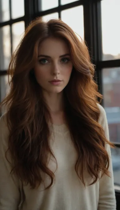 (charismatic girlfriend, effortless charm, mischievous expression, playful, spunky, feisty:1.4), (rich auburn hair with dark roots, long luxurious hair, thick voluminous hair:1.4), (avant-garde snapshot esthetic, soft focus, loose closeup:1.6), (artist loft, large industrial windows, morning sunlight, natural lighting, warm lighting, dappled light, shadow play:1.6), (cream colored sweater, casual sweater:1.4), (masterpiece, best quality, 8k, RAW photography, award-winning:1.2), (shallow depth of field, professional color grading, HDR, uncompressed, RAW photograph), (natural skin texture, realistic skin details, subtle vellus hairs), (intricately detailed hair, natural hair texture), (expressive eyes, limbal ring, detailed iris texture, realistic eye texture), ziprealism