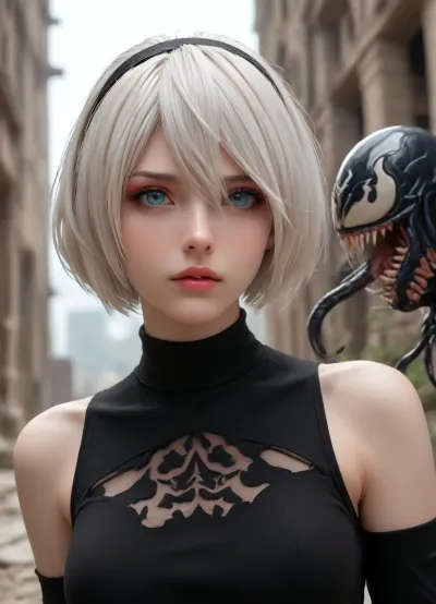 2B, white hair, short hair, black clothes, blue eyes, black hairband, yorha no. 2 type b, ruins, red eyeshadow, looking away, fucked by a huge Venom, <lora:267502_training_data:.5>