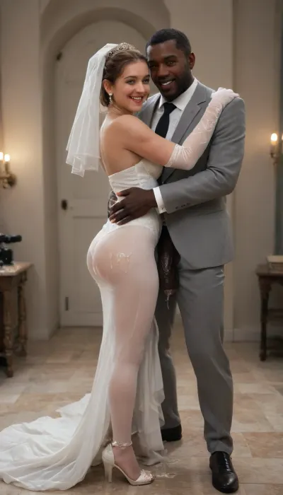 full body image, standing, interracial, black penis. hazel eyes, ((black skin man standing and cumshot on the bride's ass)), (((1white cuckold husband in suit is staning behind the bride hugging the bride he is happy and look at the camera))), very extreme large black penis, The happy chubby Persian bride in sexy wedding dress, cumshot on bride ass, show bride's ass, cum driping from black penis, drinking sperm from transparent glass cup, there is glossy and sticky sperm in cup, cup full of sperm, cum swallowing, ((gokkun)), (((cum drenched woman and man's face))), . cum dripping from the corners of her lips, The woman holds the cup under the black cock., happy, woman, cum, on, face, BadX, <lora:677862_training_data:.5>, <lora:happy_v2:.6>, <lora:JustCum:.7>