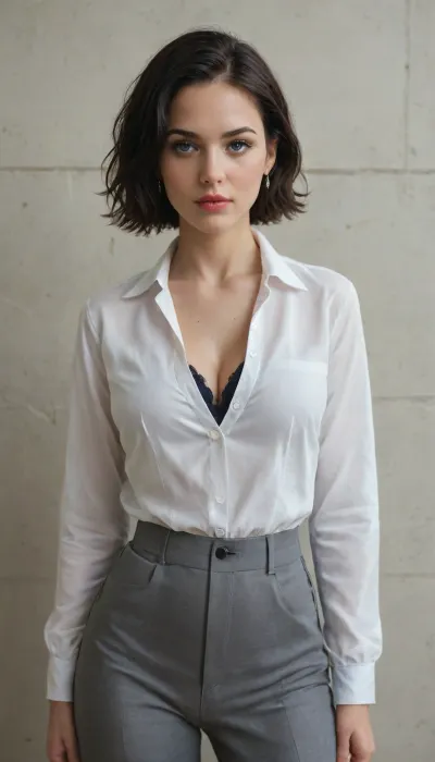 1girl.

Image of a woman standing near the concrete wall. Her blouse is slightly unbuttoned.

adult, breasts, Breast implants, cleavage, black hair, short hair, grey blue eyes, detailed iris, captivating eyes, (eyeliner:.75), (lipstick:.5), (eyeshadow:.7), eyelashes, athletic body, grey trousers, bra, underwear, white blouse, slim blouse, office clothes, relaxed face, model pose.

perfect lighting, simple background.

professional photo, masterpiece, absurdres.