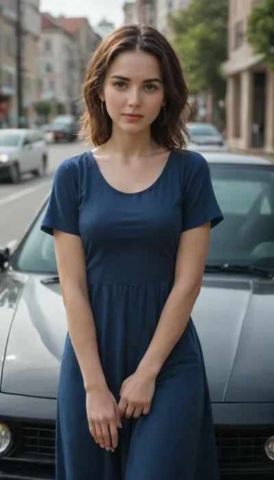 A young woman in a dark blue dress lies on the hood of a modified green Nissan skyline R34 sports car on a sunny day.
In the frame, the woman is positioned slightly off-center, on the hood of the car, facing the camera, with a slight smile on her face. The car that stands out from the general background is a modified Nissan skyline sports car in green. A parking lot is depicted in the background, and several more people are visible in the distance. It's a sunny day, and the picture was taken from such an angle that it shows a woman and a car.
The woman has fair skin and brown hair. She's wearing a navy blue dress with short sleeves and a white collar that hugs her curves.
The artistic style of photography looks like an ordinary snapshot, without any artistic frills. The image is a simple digital image with simple colors and clear lines. 
The decoration is an outdoor parking lot on a sunny day. The lighting is bright, creating natural shadows. The car is in the foreground, which gives visual significance to the scene. The background depicts a typical urban outdoor scene with other vehicles and pedestrians, which adds depth to the overall picture.