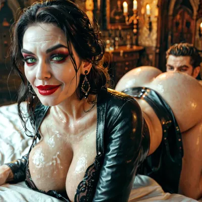 The Countess is a, (sexy GILF, beautiful older lady), evil Dominatrix, (she is a vampire, smiling, tall, square face shape, wide cheekbones, pale skin, perfect puffy lips, green eyes, straight black hair), (big massive Silicon breast, huge fake tits), wearing a black leather corset, transparent black negligee Coat, on all fours, on huge bed, (The man is a young white man, he is naked), sexual scene, (((young man, sucking her anus, ass licking))), horny, bedroom of a medieval castle, detailed image, high resolution, resolution, highres, side view, view from side, <lora:MJ52:.8>, <lora:580159_training_data:.8>