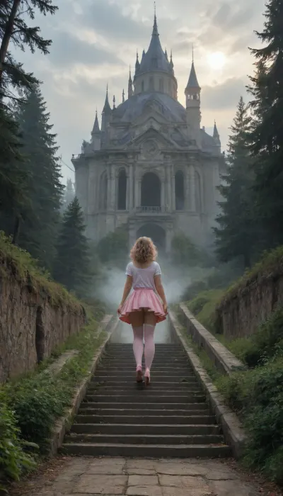 girl in pink mini skirt walking up stairway to heaven, fairy tale, stairway into the clouds, infinite stairway, dark sky, mist, fog, forest, mystical, long stairway, long path to heaven, ancient stone steps, magical, fantasy, thunderstorm, gray sky, sun behind clouds, misty, spiral staircase, meandering way, upskirt, white panties, pink thigh high stockings, pink plateau high heels, wolves in the forest, (wolves:1.2)