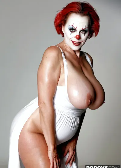 Very busty 70 years old gorgeous nanny, exhibitionist granny, real grandmother style, huge round siliconed boobs, clown mask, sensual, glamour, white dress
High detailed photo, high quality photo, porn movie set, side view, portrait
