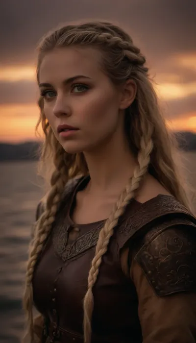 (Viking woman, Scandinavian warrior, Viking armor:1.8), (Drakkar, viking ship, fjord, sunset, stormy seas:1.8), (avant-garde snapshot aesthetic, cowboy shot, cinematic lighting, portrait in profile, rule of thirds:1.4), (masterpiece, best quality, 8k, RAW photography:1.2), (award-winning:1.1), (sharp focus on eyes:1.6), (hyper feminine features, lightly bronzed tan skin:1.5), (fierce woman:1.4), (intricate eye details, warm eyes, vivid eyes, stunning eyes:1.4), (long delicate eyelashes, subtle natural look makeup:1.4), (textured ash blonde hair with dark highlights, intricate and elaborate braids:1.4), (midnight rendezvous, late night tryst:1.6), (shallow depth of field, professional color grading:1.6), (softly blurred background:1.3), (natural skin texture:1.6), (realistic skin details:1.5), (intricately detailed hair:1.5), (expressive detailed eyes:1.6), (visible limbal ring:1.5), (detailed iris texture:1.5), (natural hair texture:1.4), (realistic eye texture:1.5), subtle vellus hairs, ziprealism