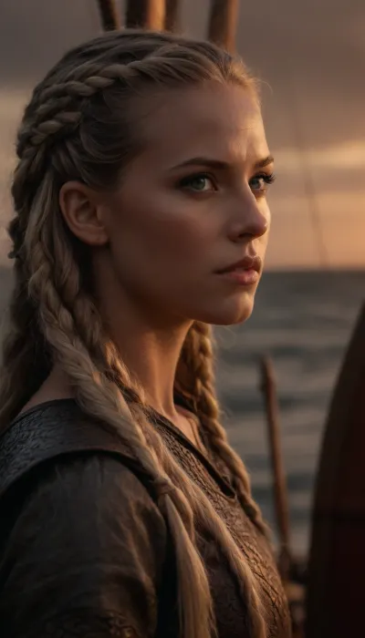 (Viking Drakkar, Viking long ship, viking ship:2), (Viking woman, Scandinavian warrior, Viking armor, fjord, sunset, stormy seas1.6), (avant-garde snapshot esthetic, full body shot, cinematic lighting, portrait in profile, rule of thirds:1.5), (masterpiece, best quality, 8k, RAW photography, award-winning), (sharp focus:1.5), (hyper feminine features, lightly bronzed tan skin:1.4), (fierce woman:1.4), (intricate eye details, vivid eyes, stunning eyes:1.4), (long delicate eyelashes, subtle natural look makeup:1.4), (textured ash blonde hair with dark highlights, intricate and elaborate braids:1.4), (shallow depth of field, professional color grading:1.6), (softly blurred background:1.3), (natural skin texture, realistic skin details:1.5), (intricately detailed hair, natural hair texture:1.5), (expressive eyes, limbal ring, detailed iris texture, realistic eye texture:1.5), subtle vellus hairs, ziprealism