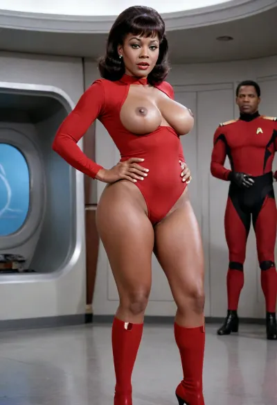 Mature captain uhura from starfleet, ((Enterprise)), with gigantic naked natural masive big boobs with enormous areola, long nipples, narrow hips, wide pelvis, ((hourglass figure)), miniskirt, sexy legs, pubic hair, full view, buttlift, ass, from, behind, grabbing, own, grab, spread, standing, <lora:274698_training_data:.8>