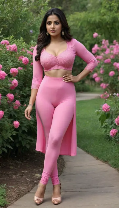 A beautiful Indian sexy woman, sexy seducing figure, hourglass body, rounded boobs, in a pink designer salwar suit, tight leggings, (perfect hands), wide hips, thick thighs, round ass, (perfect fingers), full body view, detailed face, standing in a garden with blooming flowers, high heels