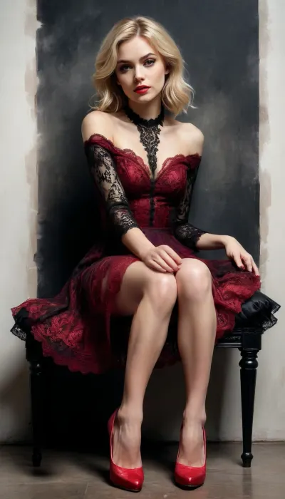8k, RGB, HDR, oil paints, watercolors, bright saturated colors, Anna Razumovskaya, Jarek Kubicki, Aleksi Brilo, Darek Zabrotsky, Sakimichan, Loisch, Aminola Rezai, photo RAW, black, dark red, lace dress, (sits:1.3), (high-heeled shoes:1.2), Mixed media collage., beautiful face. Calligraphy, gouache wash, pen sketch, thin lines, vintage illustration style. Black, white, coral pink, red, blonde hair, beautiful patterns, ral-melting, <lora:ral-melting-sdxl:.5>