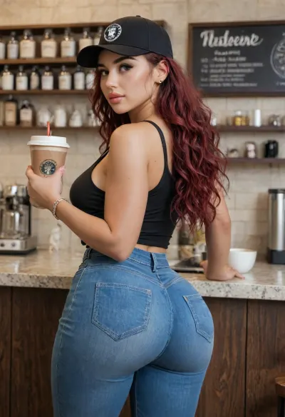 latina, long hair, red hair, big ass, black cami tanktop, tight jeans, in a coffee shop, igbebe, <lora:IG_Babe:.8>, baseball cap