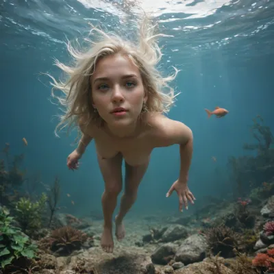 A peaceful river flowing through a lush fantasy jungle. Underwater scene, viewed approximately 3 meters below the surface. A 22-year-old fantasy female character with a pear-shaped body is diving gracefully, mid-movement, with her long white hair flowing around her like seaweed. Her skin has a smooth, slightly moist texture and glows faintly in shades of blue and green. She has large, expressive eyes with vertical slit pupils like an amphibian’s, delicate facial features with a soft snout-like nose, and gill slits along her neck that open and close as she swims. Her fingers and toes are webbed, aiding her movement through the water.

She gazes in wonder at vibrant underwater creatures and long, swaying seaweed. The underwater world is magical, glowing fish, bioluminescent plants, coral-like growths, and clear water illuminated by golden rays of sunlight filtering down from above. Ethereal lighting, fantasy style, high detail, immersive atmosphere.