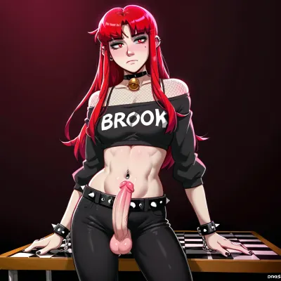 dross style, alluring shemale 90s style, 90s Aesthetics, emo 1girl, black emo hair, long hair with bang, checkerboard flared pants, low waist wide bell pants, closed mouth, stripped red and black shirt, holding, jewelry, long hair, midriff, (navel black piercing), solo. red checkerboard belt, eyeliner, chains, emo style, fishnet top, spikes, <lora:Late_90s_Japanese_Urban_Fashion:1>, erect-futa, erect-penis, woman, testicles, erection, <lora:SDXLlora13ErFut:.8>