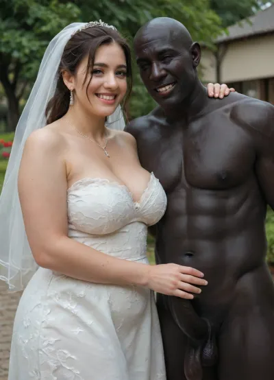 interfacial, long and thick black penis, A sensual wedding photo of a, ((smiling Iranian submissive chubby bride and looser groom dressed in sexy and slutty and modern wedding attire on their kness)), standing next to their, (((muscular brutal black skin bull man))), . All three are posing happily together outdoors in a sunny garden setting, with soft natural lighting and a warm, festive atmosphere. The Iranian bride is wearing a beautiful white dress with subtle Persian embroidery, the groom in a formal suit, and their Korean friend is dressed stylishly in semi-formal attire. Everyone is laughing and enjoying the moment., BadX, XL_NEG