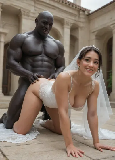 interfacial, long and thick black penis, A sensual wedding photo of a, ((smiling Iranian submissive chubby woman bride and looser groom msn dressed in sexy and slutty and modern wedding attire on their kness)), standing next to their, (((muscular brutal black skin bull man))), . All three are posing happily together outdoors in a sunny garden setting, with soft natural lighting and a warm, festive atmosphere. The Iranian bride is wearing a beautiful white dress with subtle Persian embroidery, the groom in a formal suit, and their Korean friend is dressed stylishly in semi-formal attire. Everyone is laughing and enjoying the moment., BadX, XL_NEG, full, body, all, fours, kneeling, spread, legs, top-down, bottom-up, single, leg, stepped, on, head, ground, <lora:SteppedOnHead-anxl31-000099:.8>