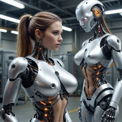draw a complete metal-energy body of a robot girl, with big robotic tits and a robotic ass. show the whole factory with these robots, how they assemble each other in parts. nanotechnology assemblies are used, and an energy-quantum cybernetic structure system. psyhoenergetic structure.