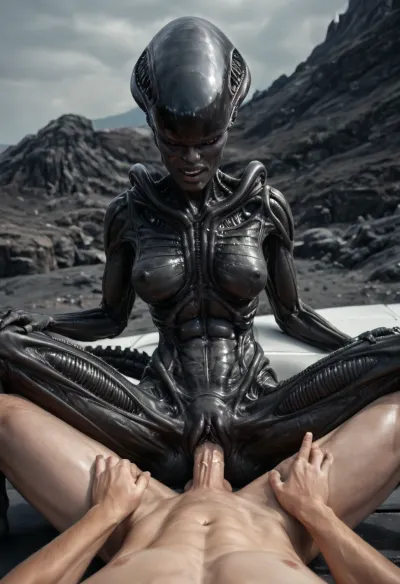 masterpiece, xeno, woman, black skin, xenomorph queen from alien, dark-skinned female, no hair, Ridge, ((perfect woman face)), (((human face))), ((perfect human pussy)), pussy fucking, big dick, POV, human dick, fuck with man, high detail pussy, high realistic, ((beautiful 20yo woman face:1.6)), human face of beautiful woman with normal teeth and eyes, oiled body, female, xenomorph, tail, xenowaifu, <lora:female_xenomorph_sdxl_V2:.5>