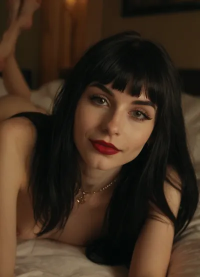 23-year-old skinny Norwegian emo girl with extremely long black hair, cute and seductive, bangs, smiling, very pale skin, (large septum nose-ring), heavy makeup, (thick winged eyeliner), dark red lipstick, ((nude)), lying on bed spreading her pussy, (whole body visible:1.5), in a low-lit bedroom