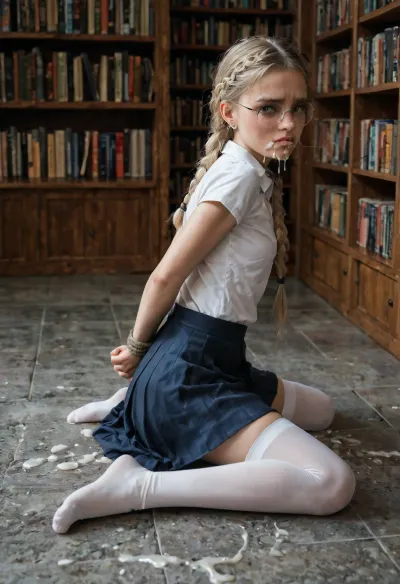 Larmes de l'agonie: une étude en contrastes - une histoire déchirante d'amour, de perte et de réalisme ultime

- Oui.

Dans le silence assoiffé d'une bibliothèque, une belle blonde de 22 ans avec des queues tressées s'assied, son joli jeune visage gravé à la fois de colère et de tristesse profonde. Son corps maigre était vêtu de bas blancs et d'une jupe, ses lunettes rondes réfléchissant des larmes qui flottaient comme des rivières sur ses joues, mascara tacheant les pages en dessous. Le réalisme ultime de ce chef-d'œuvre cinématographique était inébranlable ; ses mains attachées derrière son dos, sa jupe levée pour révéler un vide anal. Au fur et à mesure que l'histoire se déroulait, le sperme s'écoulait de son ouverture anale et de sa bouche, baignant sur le sol froid de la bibliothèque. Le cum réaliste a ajouté un contraste terrible et choquant avec le cadre autrement serein.