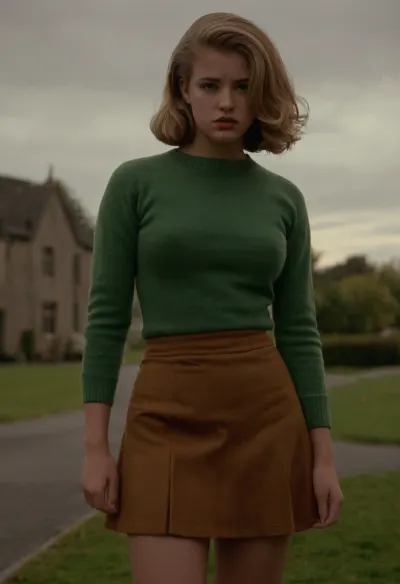Full body shot, 18 year old girl, eighteen years old, Curvy, dark blonde hair, 1950s style, 1950s haircut, teenage body, undeveloped body, babyfat, skintight green sweater, short brown skirt, standing outside and looking annoyed