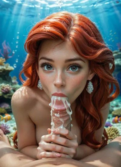 disney, redhead Princess ariel, the little mermaid, mermaid body, topless, looks curious, detailed background, perfect detailed body, detailed skin texture, cute face, realistic face, full body view, under the sea, looking at dick, nude, breast exposed, FRESHIDEAS, Underwater, Palace, mermaid, <lora:FRESHIDEAS Underwater Palace:.8>, <lora:mermaid_xl_v1:.8>, handjob, sucking cock, <lora:cockteaseLoRASDXL:.8>, cumshot, excessive cum, pov