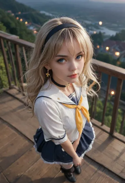 Best Award winning photo, Macro lens, (((front high View from above from behind))), european face, cute face, firefly, (honkai, star, rail\), Portrait, gradient, thighhighs, hairband, skirt, feather, hair, ornament, frilled, shirt, collar, boots, cropped, jacket, yellow, neckerchief, <lora:Char-HonkaiSR-Firefly-V4-SDXL:1.4>