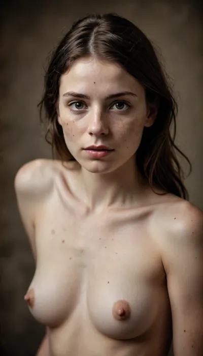 A nude portrait of a young petite woman in the style of 19th-century wet plate collodion photography without colours. The image is extremely sharp and high contrast, emphasizing fine skin details such as dimples, freckles, moles, and natural skin texture. The lighting coming from her right side is stark and dramatic, illuminating the contours of the body and face while casting deep shadows., ((Shallow focus)), The background is a rich, matte black, enhancing the subject’s presence. The overall tone is timeless, raw, and artistic, evoking the depth and mood of antique photographic processes. Edges of a picture are in poor condition.