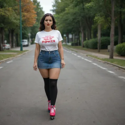 MILF 35 years old, curvy body, dyed black hair, plump lips, bright red lipstick, big breasts, swollen nipples, tight T-shirt, denim skirt, black stockings, roller skates, no panties, roller skating in the park, <lora:220437_training_data:.8>