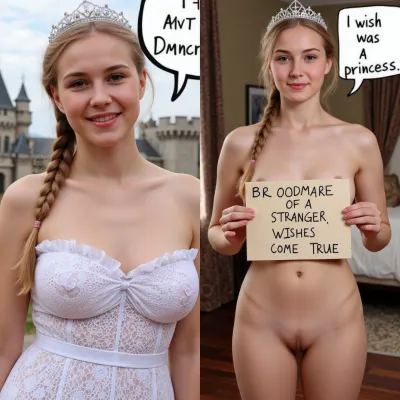 side-by-side two pictures of a young Scandinavian, slim, woman, with blonde hair, french braid. On the first picture on the left she wears a ruffled-lace-dress, standing in front of a castle, speech bubble "I WISH I WAS A PRINCESS". On the second picture on the right she stands naked in a castle bedroom wearing a tiara, holding a handmade sign with text "BROODMARE OF A STRANGER, WISHES COME TRUE".