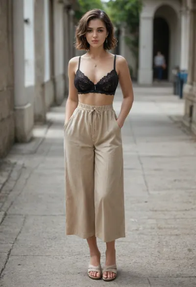 One brunette porn model. Massive boobs visible out. Linen short jumpsuit with lace-up neckline, Beige linen jumpsuit with lace-up neckline, black lace bra, beige flat sandals, beige leather necklace.