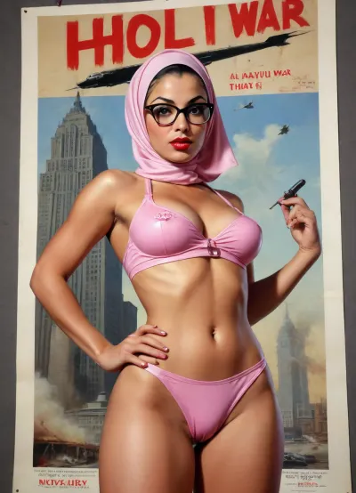 Pov photo, (Muslim woman, brown skin:1.3), (Arab woman:1.1), (religious hijab:1.1), bimbo, glasses, wet sweaty body, big text on poster, (TITLE TEXT "Unholy War":1.3), ((massive detailed wet dickhead)), sweaty body, ((string bikini bottom)), sideview, (((tight uniform 50's))), (((old military poster, pin up 1940's))), (September 11 atacks photo in background), (explosion on skyscraper:1.3), (dynamite belt around her waist:1.3), (holding dynamite:1.2), (hijab:1.2), (((Movie poster 1950's))), (9/11 September twin tower attack:1.2), (airplanes crashing in skyscraper), (she is wearing a pink hijab), stockings, fat red lips, Photography, photorealism, a beautiful army woman, tall, beautiful perfect figure, somenaked breast, pink Nipples, Knee-high boots, perfect tall legs, charming eyes, sad yet gracious face, dark background, fantasy art capturing the style of Aaron Horkey, Jeremy Mann and Luis Royo, body-focused composition from a low angle, alluring figure, dark fantasy, dynamic composition, red lipstick, warm hues, showcases acrylic calligraphy, watercolor techniques integrated seamlessly into a maximalist masterpiece, detailed with gouache fluidity, golden hour light, hyperrealism, hypperrealistic, hyperdetailed, 64k, ultraHDR, Movie, Poster, page, panties, pulled, to, side, pussy, shaved, <lora:Movie Poster:.5>, <lora:Pussy_pants_nohands_D03_realvizXL2_bucket_01-000010:.5>