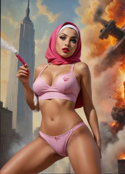 (TITLE TEXT "Unholy War":1.5), (movie poster:1.2), (huge letters, movie title text:1.2), (Muslim woman, brown skin:1.3), (Arab woman:1.1), (brown skin:1.3), (religious hijab:1.1), wet sweaty body, big text on poster, sweaty body, ((string bikini bottom)), sideview, (((tight uniform 50's))), (((pin up 1940's))), (explosion on World Trade Center:1.1), (September 11 attacks photo in background), (explosion on skyscraper:1.3), (dynamite belt around her waist:1.3), (holding dynamite:1.2), (hijab:1.2), (((Movie poster 1950's))), (9/11 September twin tower attack:1.2), (airplanes crashing in skyscraper:1.1), (she is wearing a pink hijab), Photography, photorealism, tall, beautiful perfect figure, Knee-high boots, perfect tall legs, charming eyes, sad yet gracious face, dark background, fantasy art capturing the style of Aaron Horkey, Jeremy Mann and Luis Royo, body-focused composition from a low angle, alluring figure, dark fantasy, dynamic composition, red lipstick, warm hues, showcases acrylic calligraphy, watercolor techniques integrated seamlessly into a maximalist masterpiece, detailed with gouache fluidity, golden hour light, hyperrealism, hypperrealistic, hyperdetailed, 64k, ultraHDR, Movie, Poster, page, panties, pulled, to, side, pussy, shaved, <lora:Movie Poster:.5>, <lora:Pussy_pants_nohands_D03_realvizXL2_bucket_01-000010:.5>