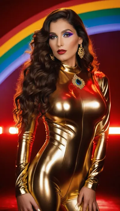((30yo brunette, very long wavy hair, Perfect face, (rainbow_make-up), big saggy tits), perfect nipples, perfect pussy), (((Black+gold ornaments latex crotchless bodysuit without cups)), full body visible. Gold high heels), (Sci-fi, spaceship, galaxy view), (photographed by a Nikon Z7 II Camera), high resolution, high detailed, (((red glowing indian electric android body)))