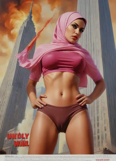 (TITLE TEXT "Unholy War":1.5), (movie poster:1.2), (huge letters, movie title text:1.2), (Muslim woman, brown skin:1.3), (Arab woman:1.1), (brown skin:1.3), (religious hijab:1.3), wet sweaty body, big text on poster, sweaty body, ((string bikini bottom)), sideview, (((tight uniform 50's))), (((pin up 1940's))), (explosion on World Trade Center:1.1), (September 11 attacks photo in background), (explosion on skyscraper:1.3), (hijab:1.2), (((Movie poster 1950's))), (9/11 September twin tower attack:1.2), (airplanes crashing in skyscraper:1.1), (she is wearing a pink hijab), Photography, photorealism, tall, beautiful perfect figure, Knee-high boots, perfect tall legs, charming eyes, sad yet gracious face, dark background, fantasy art capturing the style of Aaron Horkey, Jeremy Mann and Luis Royo, body-focused composition from a low angle, alluring figure, dark fantasy, dynamic composition, warm hues, showcases acrylic calligraphy, watercolor techniques integrated seamlessly into a maximalist masterpiece, detailed with gouache fluidity, golden hour light, hyperrealism, hypperrealistic, hyperdetailed, 64k, ultraHDR, Movie, Poster, page, panties, pulled, to, side, pussy, shaved, <lora:Movie Poster:.5>, <lora:Pussy_pants_nohands_D03_realvizXL2_bucket_01-000010:.5>